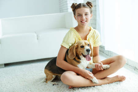 Child with a dog. Teenage girl with a beagle dog at home. High quality photo.の写真素材