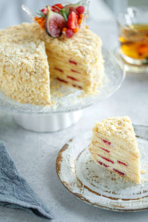 Napoleon cake. Beautiful cake with berries, classic pastries. High quality photo.の写真素材