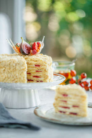 Napoleon cake. Beautiful cake with berries, classic pastries. High quality photo.の写真素材