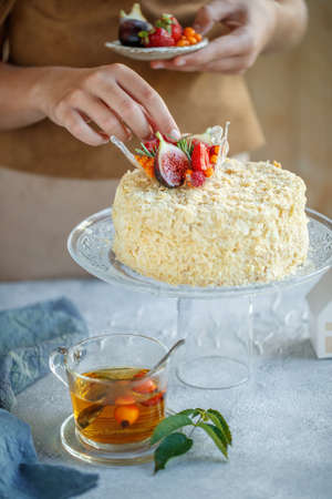 Napoleon cake. Beautiful cake with berries, classic pastries. High quality photo.の写真素材