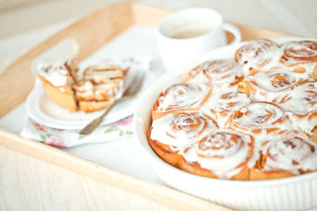 Cinnabon, iced buns, delicious homemade cakes. High quality photo.の写真素材