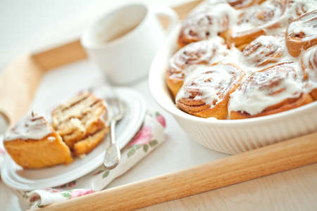 Cinnabon, iced buns, delicious homemade cakes. High quality photo.の写真素材