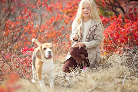 A child in nature with a dog. High quality photo.の写真素材