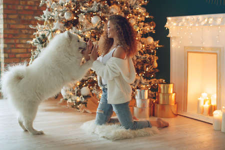 Beautiful woman with a dog hugs, against the background of a fireplace and a Christmas tree with candles. Happy New High quality photo.の写真素材