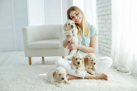 Cute young woman kisses and hugs a Labrador Retriever puppy dog. Love between owner and dog. In the room at home, interior. High quality photo.の写真素材