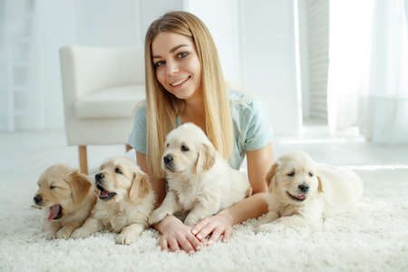 Cute young woman kisses and hugs a Labrador Retriever puppy dog. Love between owner and dog. In the room at home, interior. High quality photo.の写真素材
