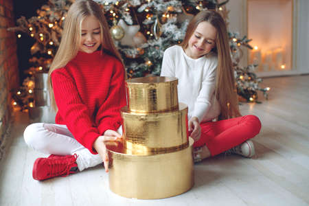 Merry Christmas and Happy Holidays. Cheerful cute kid girls opening gifts. Children near the tree in the morning. High quality photo.の写真素材