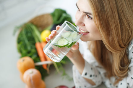 Young woman drinking water near the table with fruits and vegetables in the kitchen. Healthy food,...