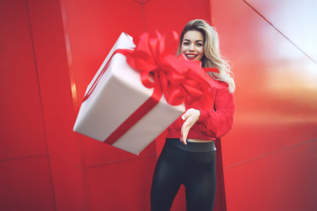 Happy blonde woman in holding gift box and looking at camera while enjoys over red background. High quality photo.の写真素材