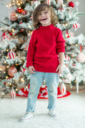 Portrait of a charming boy at Christmas at home. Fashionable child. High quality photo.の写真素材