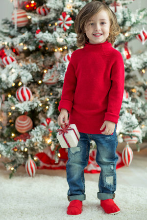 Portrait of a charming boy at Christmas at home. Fashionable child. High quality photo.の写真素材