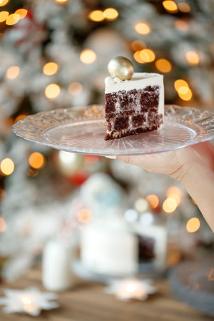 Plate with slice of tasty homemade chocolate cake. High quality photo.の写真素材