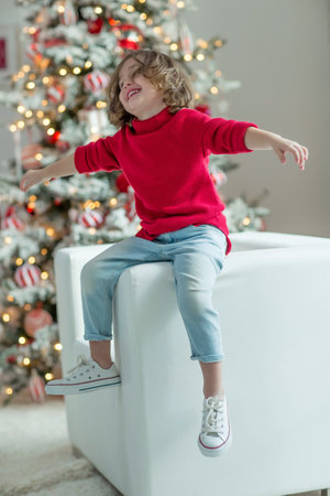 Portrait of a charming boy at Christmas at home. Fashionable child. High quality photo.の写真素材