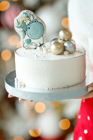 A woman holds a cake in her hands with Christmas decor on the background of a Christmas tree with lights. High quality photo.の写真素材