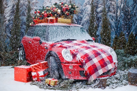 Car with a Christmas tree, wreath and gifts in a snowy forest on a winter day. Christmas decor. Holiday concept. High quality photo.の写真素材