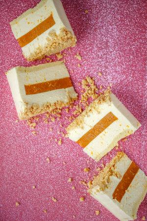 A slice of cheesecake with tangerine filling.の写真素材