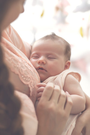 Portrait of a beautiful mother, with her nursing baby. High quality photo.