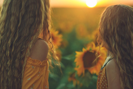 Girlfriends of the girl laugh and play sunflower. Baby girl in sunflowers. High quality photo.の写真素材