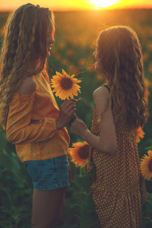 Girlfriends of the girl laugh and play sunflower. Baby girl in sunflowers. High quality photo.の写真素材