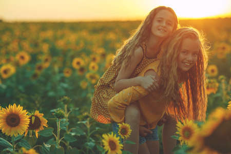 Girlfriends of the girl laugh and play sunflower. Baby girl in sunflowers. High quality photo.の写真素材