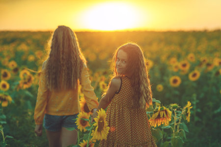 Girlfriends of the girl laugh and play sunflower. Baby girl in sunflowers. High quality photo.の写真素材