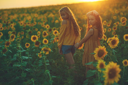 Girlfriends of the girl laugh and play sunflower. Baby girl in sunflowers. High quality photo.