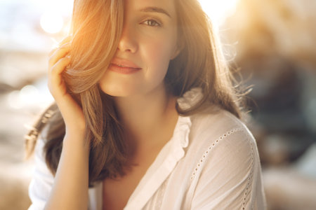 Portrait of a beautiful girl close-up, the wind flutters her hair, the sunset by the ocean. High quality photo.の写真素材