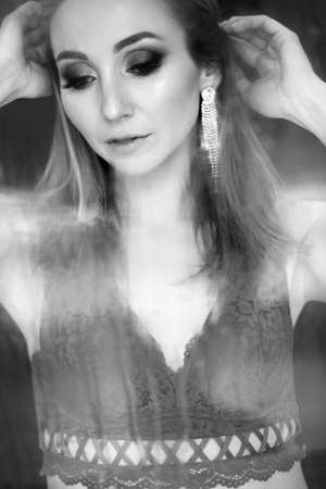 Beautiful woman black-white portrait. Beautiful face. High quality photo.の写真素材