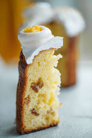 On a gray wooden table and Easter cake, sweet table for the holiday, Easter holiday, Easter decor. High quality photo.の写真素材