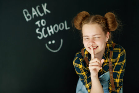 Happy smiling girl. Child at the blackboard. Girl indoor classroom with chalkboard on background. We return to school. High quality photoの写真素材