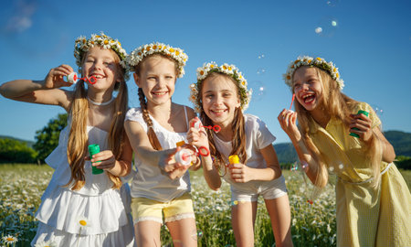 Children in nature. The girls play fun. High quality photoの写真素材