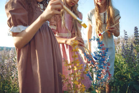 Children paint with paints in nature. High quality photoの写真素材