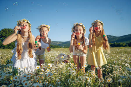 Children in nature. The girls play fun. High quality photoの写真素材