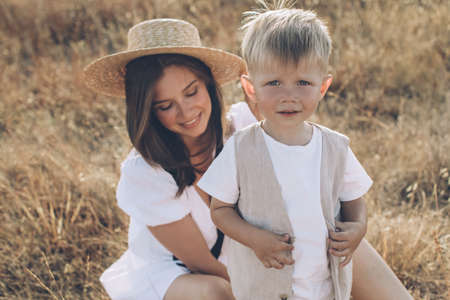 Mom with a child in nature. High quality photoの写真素材