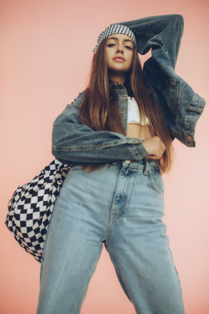Fashionable high school student. Teenager girl schoolgirl. High quality photoの写真素材