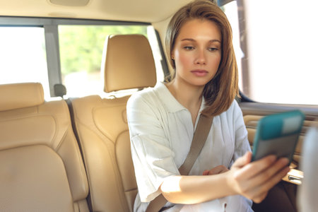 Woman passenger in the car. High quality photo