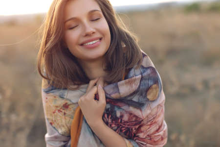 Beautiful woman with sunset light. . High quality photoの写真素材