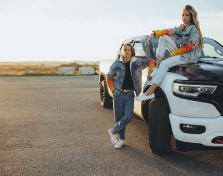Trendy teenagers. Beautiful children in fashionable clothes. High quality photoの写真素材