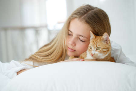 Girl teenager with a cat. High quality photoの写真素材