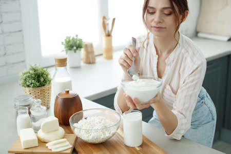 Woman with milk. Proper nutrition. High quality photoの写真素材