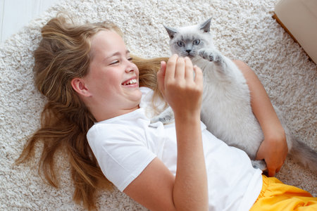 A child with an animal. Girl with a cat at home. High quality photoの写真素材
