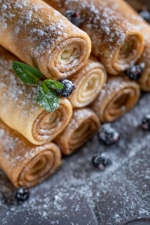 Thin pancakes. Shrovetide holiday on the table. High quality photoの写真素材