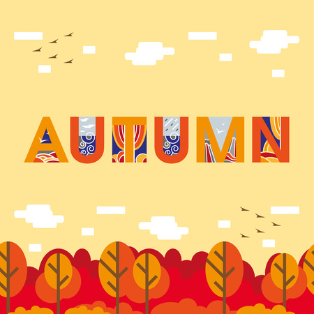 Autumn forest flat background. Simple and cute landscape for your design. Nature. Vector 2D illustration. Lettering. Titleのイラスト素材