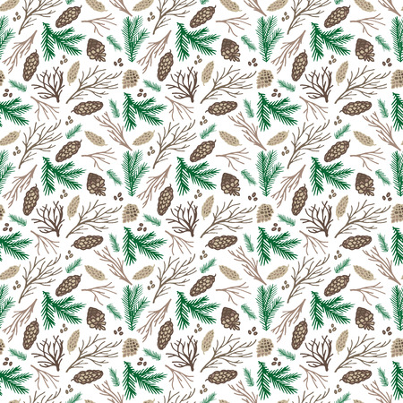 Autumn print. Seamless pattern. Branches and cones backgroundのイラスト素材