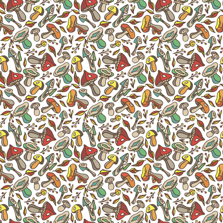 Autumn. Autumn print. Mushrooms. Autumn leaves. Autumn seamless pattern. Mushrooms backgroundのイラスト素材