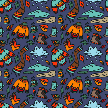 Autumn seamless pattern on dark background. The sweater, scarf, boots, cup of coffee, puddles, clouds, leavesのイラスト素材