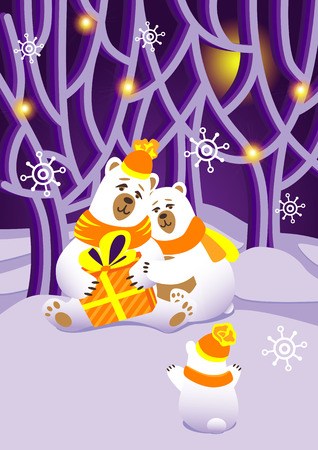 Winter illustration. Bears give bear a gift. Winter fairy forest. Poster. Christmas postcardのイラスト素材