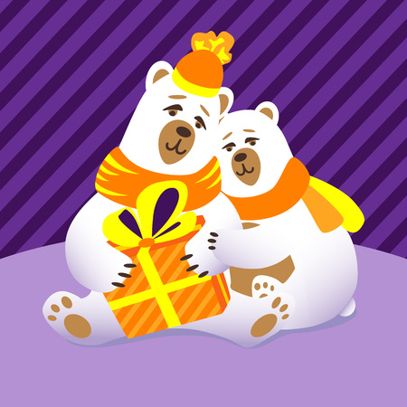 Polar bears with a gift. Bears hug. Love Christmas illustrationのイラスト素材