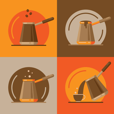 Jezve turkish coffee pot. Set icons. Cooking process. Coffee time. Infographicsのイラスト素材