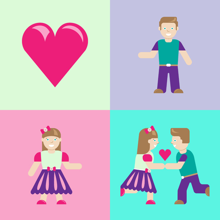 Love story. Boy and girl meeting. Love icons. Clipart. Flat design charactersのイラスト素材
